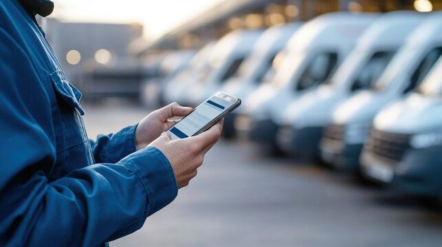 Worker in blue uniform using smartphone to manage fleet logistics with parked delivery vans in the background, representing transport, tracking and modern logistics operations.