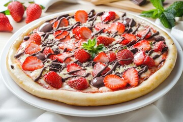 Delicious Strawberry-Infused Pizza on a White Plate with Sweet Chocolate Drizzle