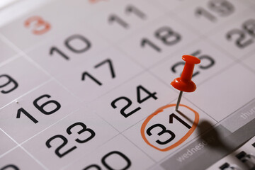 Close-up of a Pin Marking the 31st Day on a Monthly Calendar
