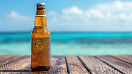 Refreshing cold beer bottle on a wooden table near crystal clear ocean beach vibe close-up shot