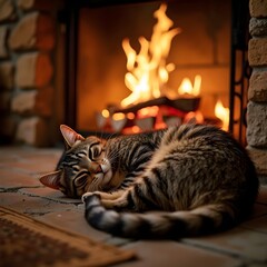 A cat curled up next to a fireplace.