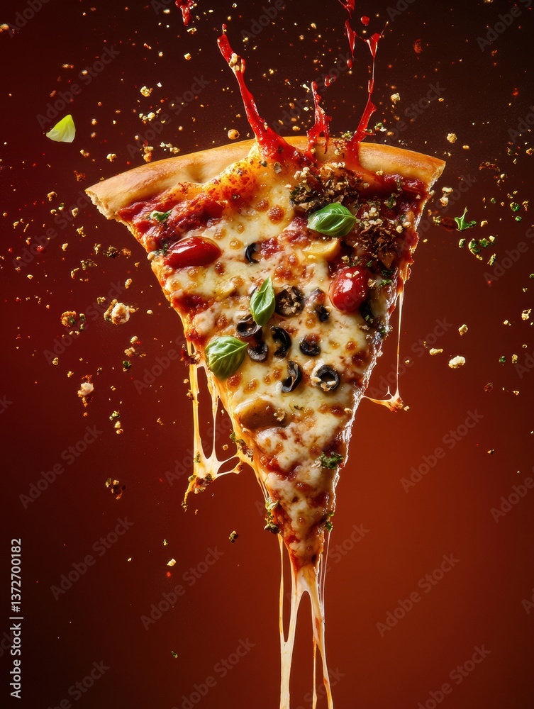 Aufkleber delicious pizza slice with gooey cheese and vibrant toppings captured in high-speed photography agai