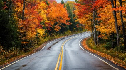 Fototapeta premium Vibrant Autumn Road: Scenic Byway M41 Through the Colorful Forests of Michigan's Upper Peninsula