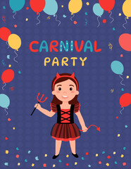 Carnival party poster with a girl dressed in a devil costume, holding her tail and a trident in her hands.