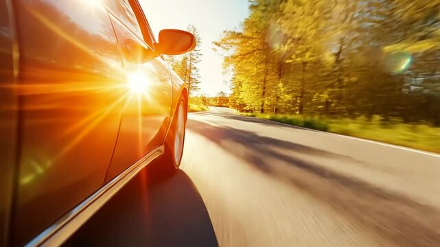 Fast Car Racing Down a Winding Asphalt Road Surrounded by Trees Generative AI