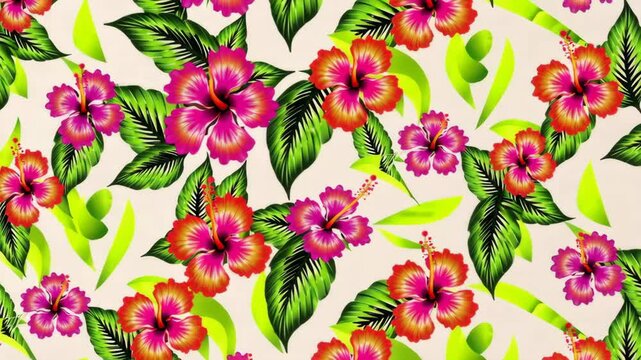 Vibrant tropical floral pattern with hibiscus blooms and lush leaves, perfect for summer designs and vibrant backgrounds