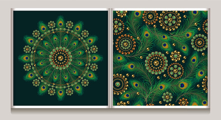 Jewelry deluxe motif, seamless pattern with peacock feathers, circular jewelry motifs. Gold elements with green emerald gems. Dark background