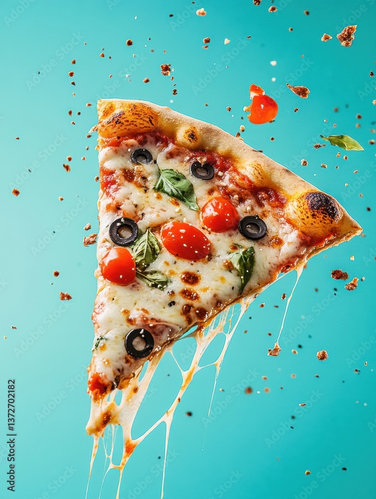 Poster delicious pizza slice featuring gooey cheese and vibrant toppings set against a dynamic turquoise ba