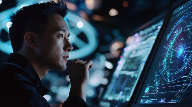 A researcher optimizing AI enhanced satellite communication networks, futuristic space communication hub with high-bandwidth signal tracking, High-tech style