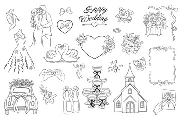 Naklejka premium Happy Wedding marriage hand drawn doodle icon set - star, sparkle, heart, rings, glasses, groom, bride, car, bouquet, church. Sketch vector marriage symbol on white background for decoration