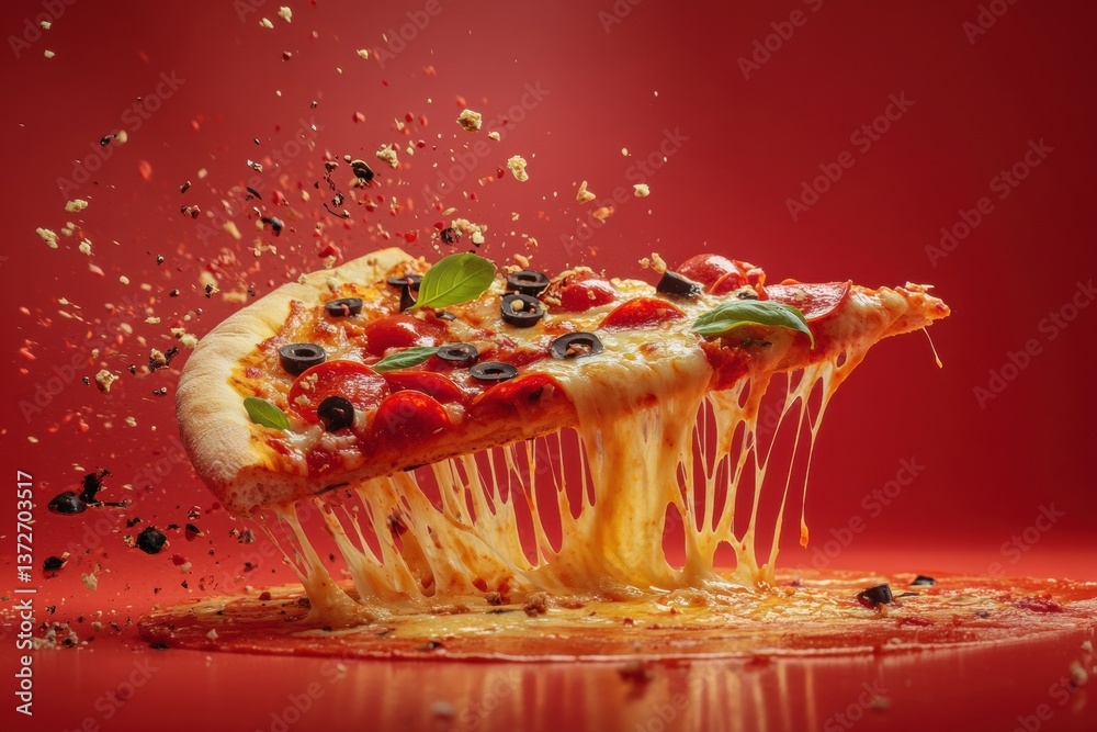 Poster delicious pizza slice with gooey cheese stretching and vibrant toppings against a dynamic background
