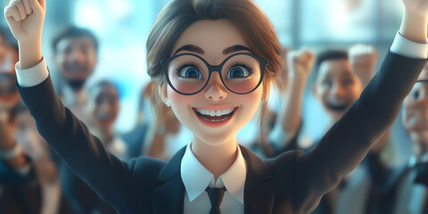 3D Businesswoman Smiling Brightly While Celebrating a Successful Project Completion with Team Members