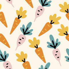 Carrots and Radishes in Soft Colors. Seamless pattern background ideal for wrapping paper, fabric, textile etc.