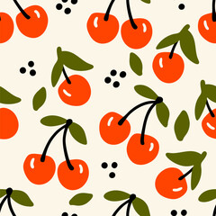 Cherries with  Leaves. Seamless pattern background ideal for wrapping paper, fabric, textile etc.