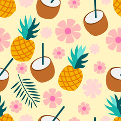  Pineapples and Coconuts with Tropical Flowers. Seamless pattern background ideal for wrapping paper, fabric, textile etc.