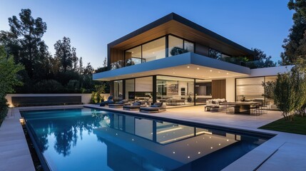 A modern luxury home features a pool and evening sky