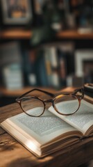 Glasses Resting On An Open Book Set On Wooden Surface