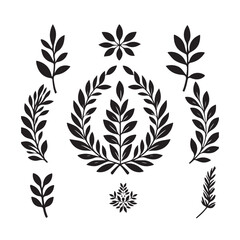Fototapeta premium Collection of black laurel wreaths, branches, and floral elements in vector style, symbolizing victory, honor, and elegance