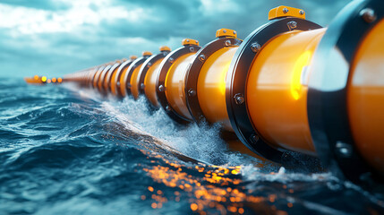 glowing tidal energy farm harnessing power from ocean waves, featuring series of connected orange pipes floating on water surface under cloudy sky