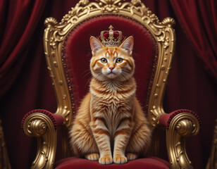 Royal Cat Portrait: Orange Tabby with Crown on Golden Throne