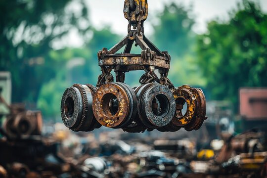 Rusty, weathered metal rings being lifted by a crane at a scrapyard on a gloomy day, with scrap piles and greenery visible in the blurred background. - Powered by Adobe