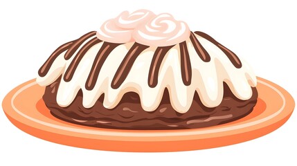 Chocolate Cake with Cream Topping Plated on an Orange Dish with Decorative Swirls