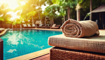 Rolled towel on a beige lounger by a turquoise pool