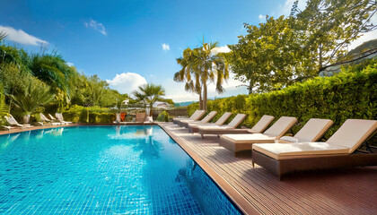 Pristine resort pool gleams under a bright sky