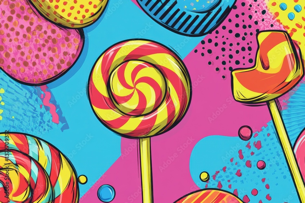Poster vibrant pop-art background with colorful lollipops and candy shapes in a whimsical comic style