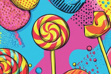 Vibrant pop-art background with colorful lollipops and candy shapes in a whimsical comic style