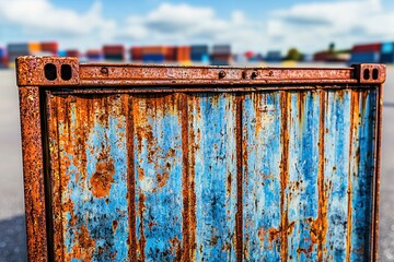 A close-up shot of an old, rusty shipping container with peeling blue paint, revealing orange rust and showing age and weathering in an industrial setting.