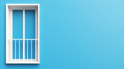 Minimalist Window Frame with Balcony on Bright Blue Wall