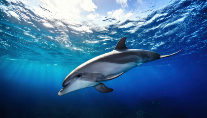 Fototapeta premium Underwater shot of a striped dolphin swimming in blue ocean