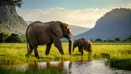 Fototapeta premium Majestic African elephant and her calf stand by a waterway