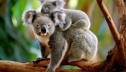 Obraz premium Mother koala carries her joey on her back