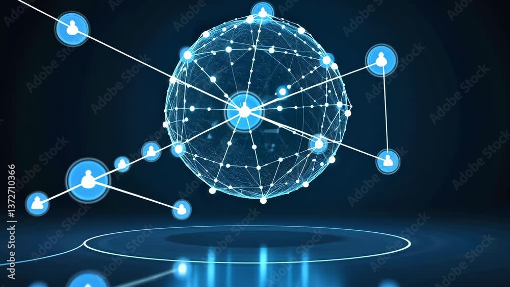 Poster digital sphere with interconnected nodes and glowing points in a dark background for technology conc