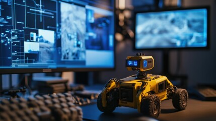 A roboticist creating autonomous robots for dangerous search and rescue missions, high-tech rescue center with live terrain and environment data, High-tech style