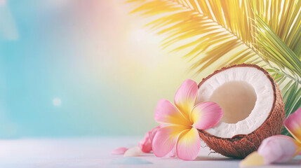 tropical summer vibe with halved coconut, pink plumeria flowers, and palm leaves under warm sunlight, evoking relaxation and freshness
