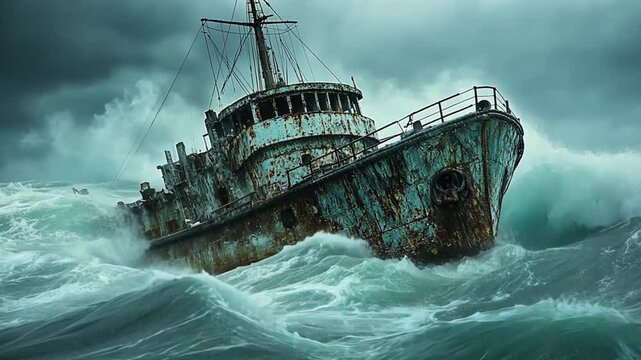 Rusty ship wreck tossed by stormy sea. Possible use Stock photo
