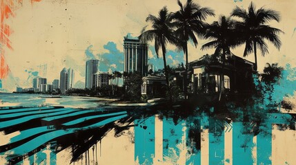 An artistic depiction of a tropical city skyline view