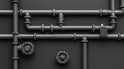Gray pipes and fittings create an industrial abstract pattern against