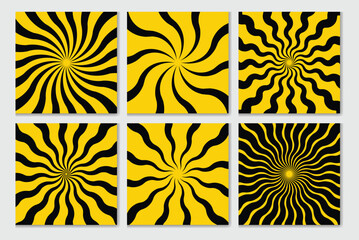 A mesmerizing set of abstract spiral patterns with black and yellow wavy lines, creating a hypnotic optical illusion. Perfect for backgrounds, psychedelic art, graphic design, and dynamic visual effec