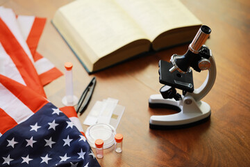 Microscope with American Flag: Scientific Exploration in the USA