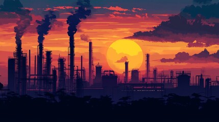 Industrial cityscape silhouette at sunset with smoke rising from chimneys.