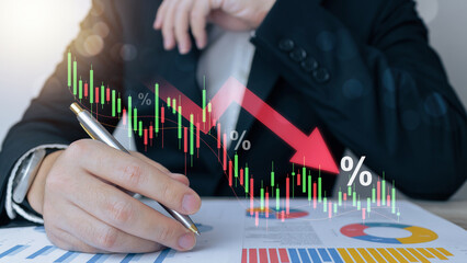 Crisis economic collapse chart falling down concept, businessman with red arrow falling financial...