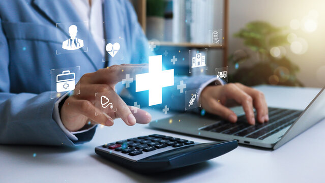 Businesswoman hand touch plus icon, Plus sign virtual and healthcare medical investment returns, income, retirement Compensation fund, health and access to welfare health. Health insurance.