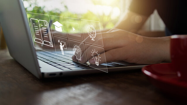 learning online concept. Man hand using laptop computer study e-learning online education training for personal development and Professional.study online, Digital courses to develop new skills.