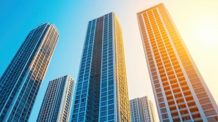 Fototapeta premium Modern Skyscrapers Against Blue Sky and Bright Golden Sunlight