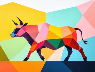 Obraz premium Vibrant acrylic art of a stock market bull charging through colorful geometric shapes