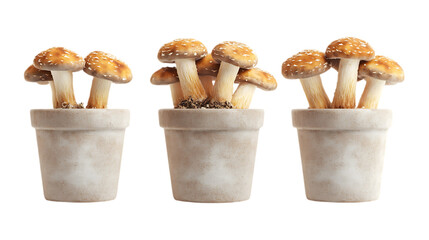Mushrooms Plant in Pot Set in Three Different Poses on Transparent Background for Gardening, Herbal Remedies, or Organic Farming